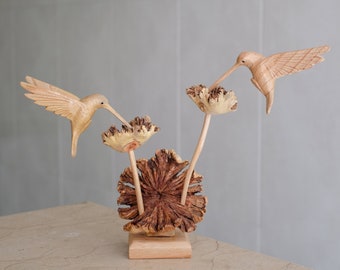 Hummingbird Feeding on a Flower, Couple, Wooden Bird Statue, Sculpture, Figurine, Colibri, Desk Decor, Wedding Decor, Mothers Day, Birthday