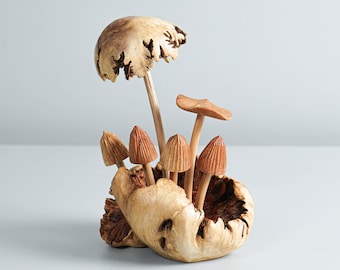 Figurine champignon mystique en bois, art forestier, statue personnalisée, naturel, ornement, décoration florale, tropicale, décoration d'étagère, cadeau pour soeur