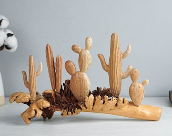 Wooden Cactus Sculpture, 13.5" Length Statue, Succulent Plant, Botanical, Desert Flower, Gift for Mother, Birthday Gift, Gift for Partner