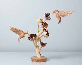 Escultura de pareja de colibríes de madera, flores, artículo hecho a mano, estatuilla, estatua de Colibri, talla de madera, pájaro, animal, regalo de bienvenida