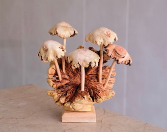 Wooden Mushroom Sculpture, Engraved Gift, Art, Statue, Wood Carving, Figurine, Home Decoration, Ornament, Mother Loss Gift, Office Decor