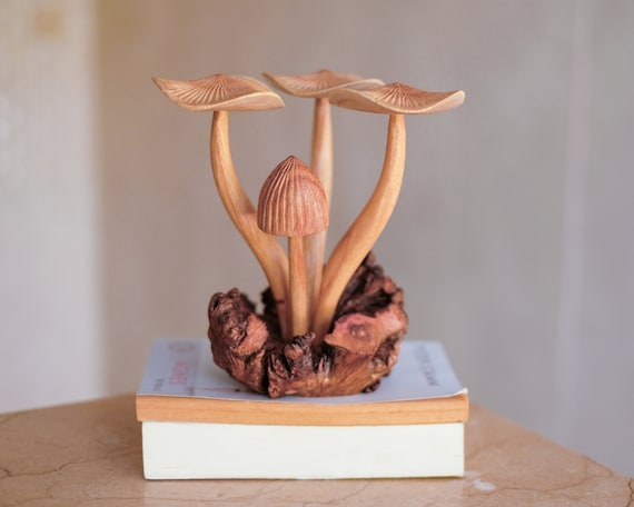 Mushroom Parasite Carving Wooden Ornament 4 Carved Mushrooms With Base..