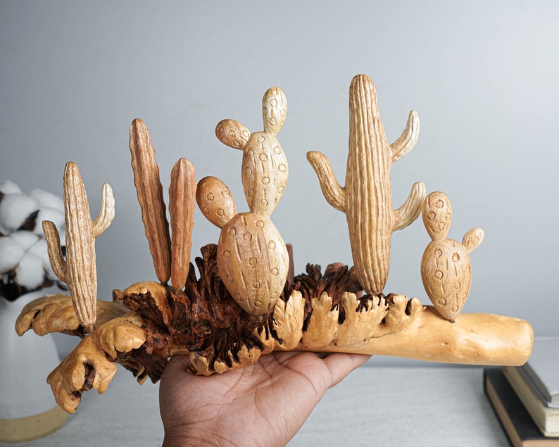 Wooden Cactus Sculpture, 13.5 Length Statue, Succulent Plant, Botanical, Desert Flower, Gift for Mother, Birthday Gift, Gift for Partner image 10