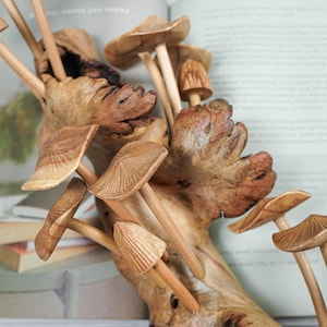 May include: A collection of carved wooden mushrooms with detailed caps and smooth stems, attached to a piece of natural, textured driftwood. The mushrooms vary in size and shape, featuring light brown wood grain patterns throughout the sculpture.