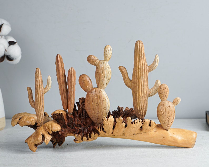 Wooden Cactus Sculpture, 13.5 Length Statue, Succulent Plant, Botanical, Desert Flower, Gift for Mother, Birthday Gift, Gift for Partner image 1