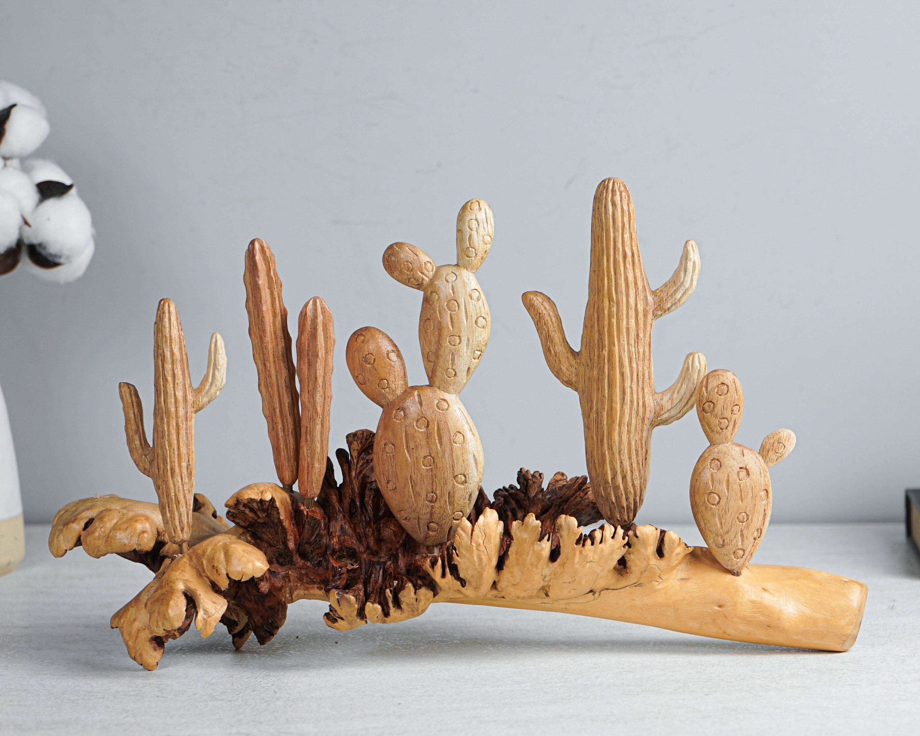 Wooden Cactus Sculpture, 13.5 Length Statue, Succulent Plant