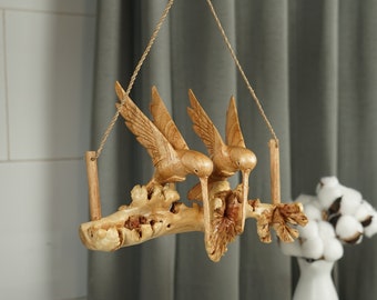 Estatua colgante de colibrí, arte de techo, decoración de ventanas, pareja, colibrí, pájaro, escultura de madera, única, figura