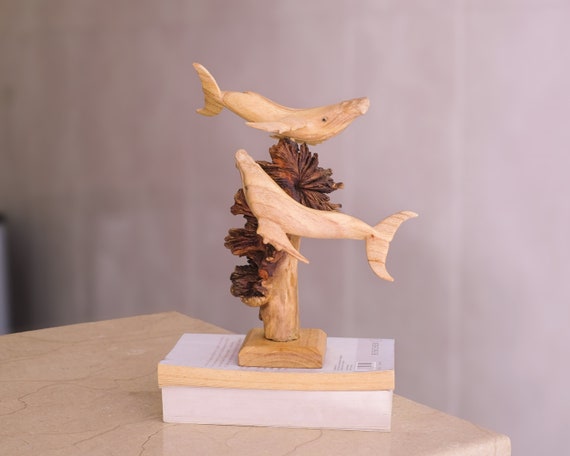 Wooden Whale Statue, Couple, Hand Carved, Humpback Whale Sculpture