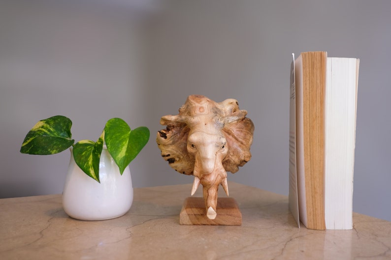 Elephant Head Statue, Wood Carving, Gift for Dad