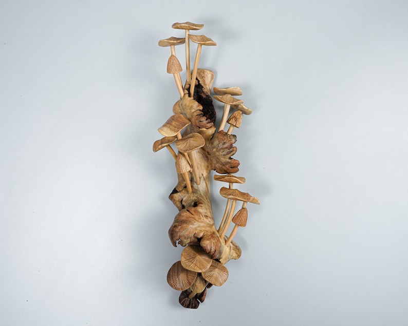 May include: A vertical wooden sculpture featuring a cluster of carved light brown mushrooms growing from a textured, gnarled piece of driftwood. The mushrooms have thin, slender stems and flat, circular caps with visible radial lines.