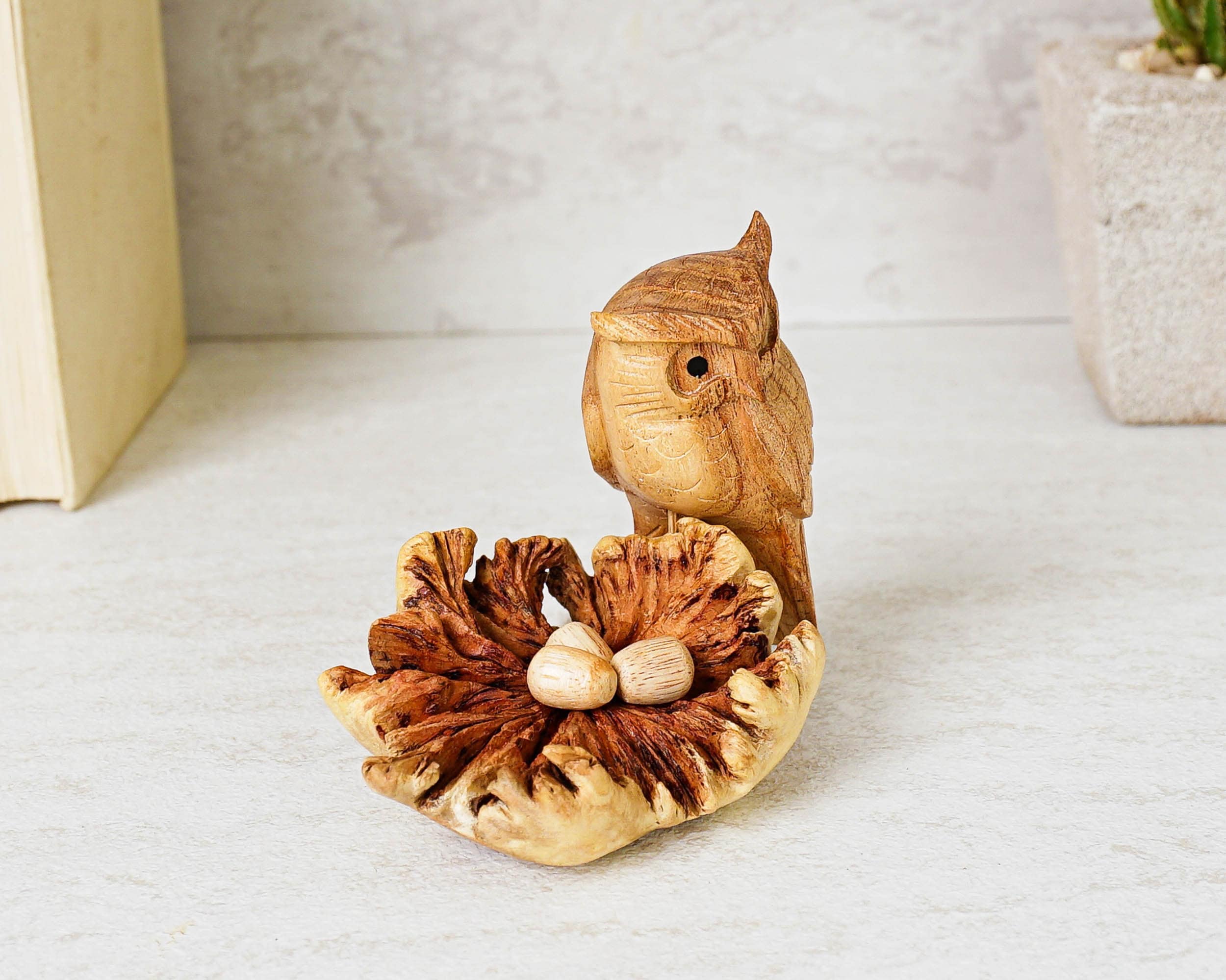 Owl with Nest of Eggs Miniature, Sculpture, Statue, Unique, Handmade Decor, Personalized Gift, Woode