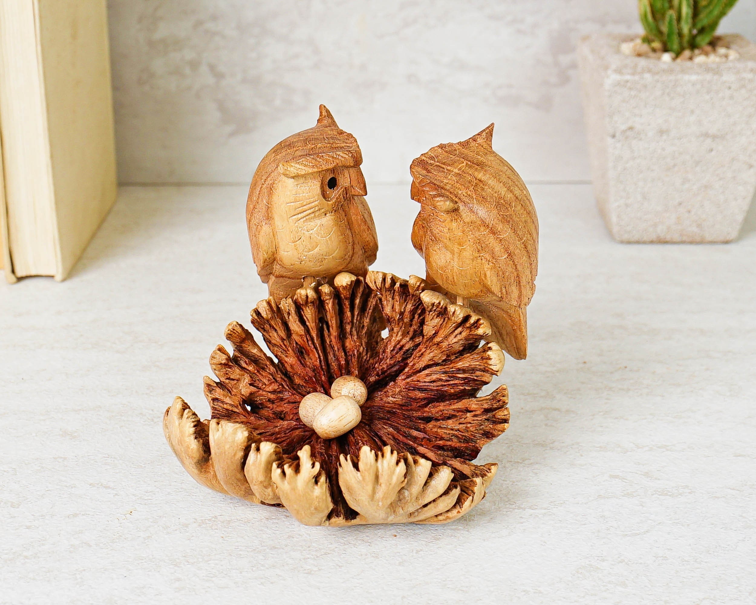 Wooden Owl on the Nest Decor, Bird Love Sculpture, Wood Carving, Couple Figurine, Ornament, Room Dec
