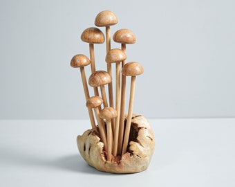Wooden Enoki Mushroom Sculpture, Wooden Statue, Handmade, Personalize, Small Mushroom, Mushroom lover, Christmas Decor, Fall Decor