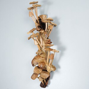 May include: A vertical wooden sculpture featuring a cluster of carved light brown mushrooms emerging from a textured, gnarled piece of natural wood. The mushrooms vary in size and shape, with some having flat caps and others having pointed, conical tops.