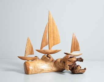 Handcrafted Wood Sail Ship Trio, Natural Parasite Wood Base, Nautical Decor