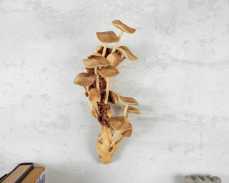 Wall Hanging Mushrooms, Statue, Wall Art, Figurine, Wood Carving, Sculpture, Handmade Decor, Ornament, Unique, Exotic, Mothers Day Gifts image 1