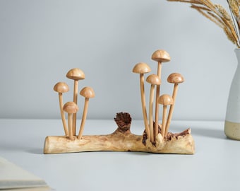 Champignons Enoki, Nature, Statue, Sculpture sur bois, Statue sculptée à la main, Décoration de cuisine, Cadeau de pendaison de crémaillère, Cadeau pour une mère, Art