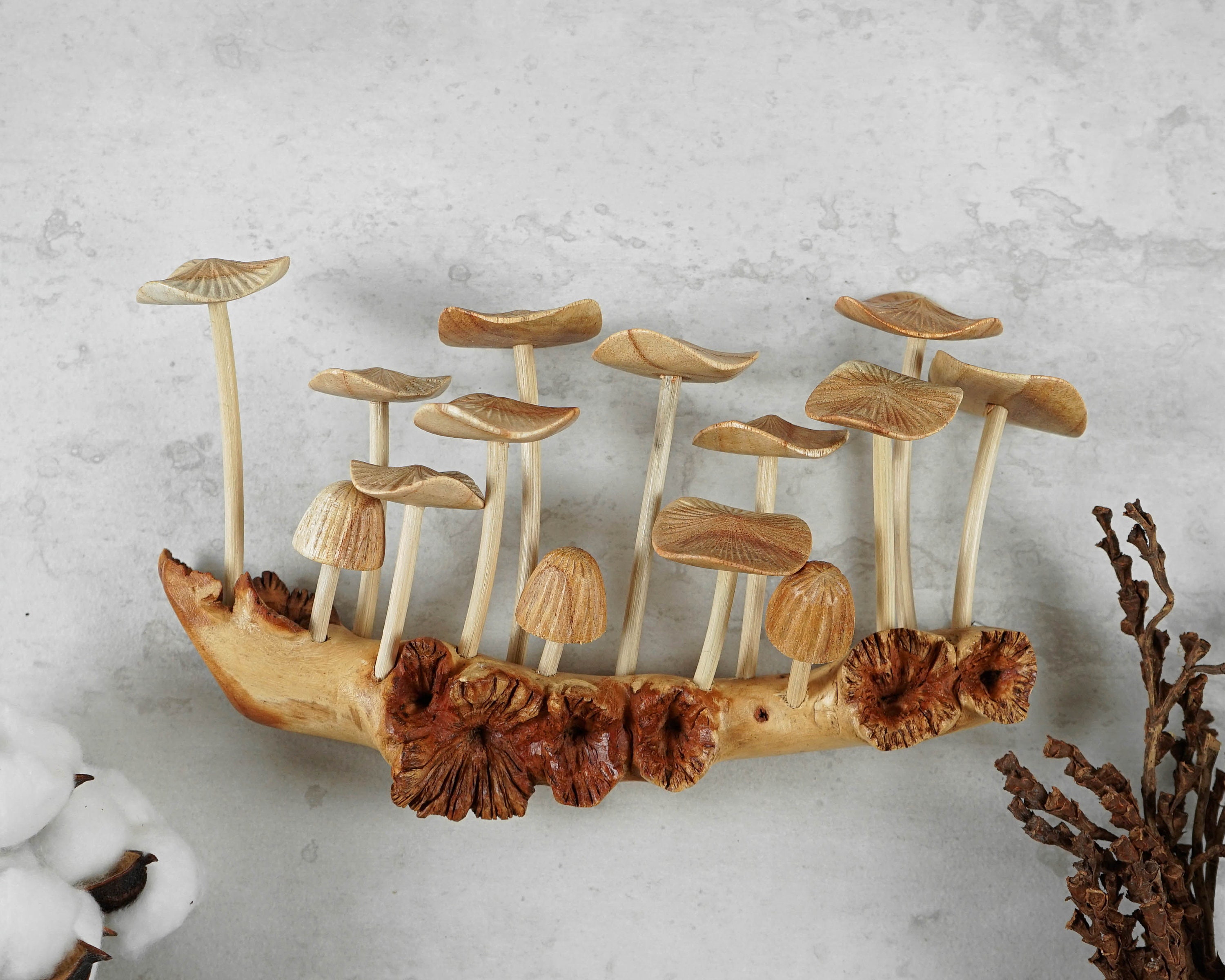 Art Mural Aux Champignons, Ornement, Sculpture, Art Mural, Figurine, Sculpture sur Bois, Décor de Ja