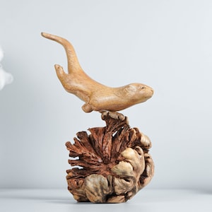Wooden Otter Sculpture, Cute Animal, Swimming, Natural, Wildlife, Handmade Statue, Wood Carving, Home Table Decor, Handcraft, Christmas Gift
