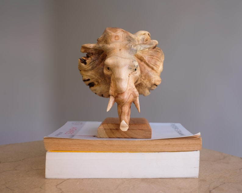 Elephant Head Statue, Wood Carving, Gift for Dad