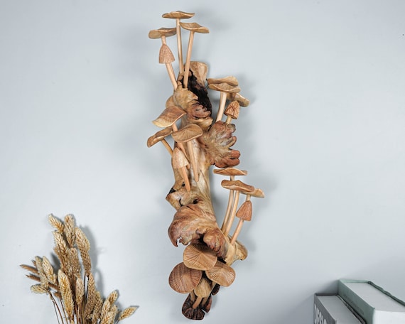 15" Large Mushroom Wall Decor, Handmade Wooden Sculpture, Natural Interior Hanging Art