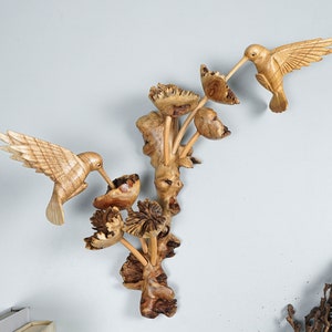 Wooden Hummingbird Couple Wall Art, Hanging Wooden Colibri, Birds Sculpture, Flower, Living Room Decor, Anniversary Gift, Best Gifts for Her