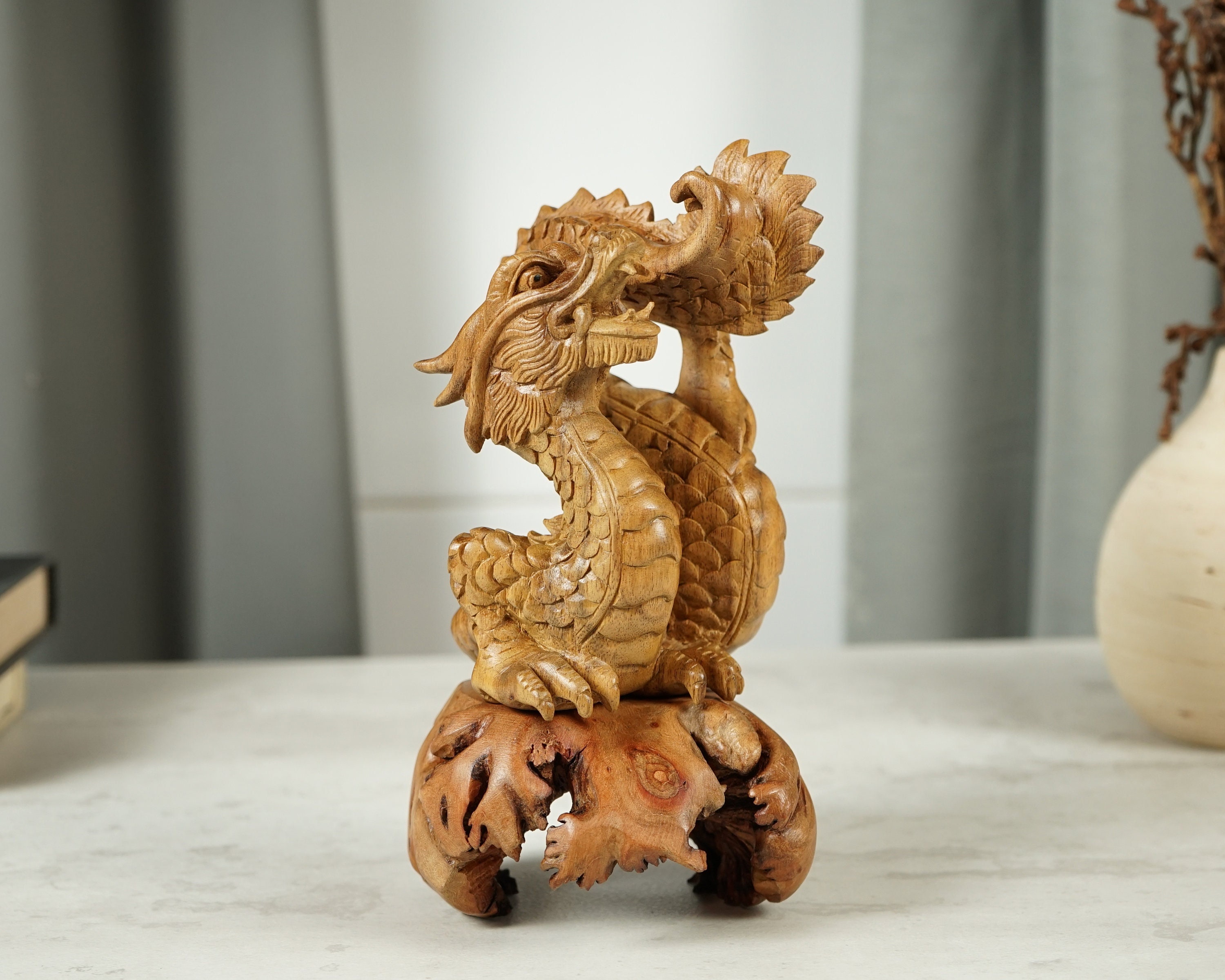 Grande Statue Dragon En Bois Sculpté à La Main - 46 Cm De Haut (environ 18'')