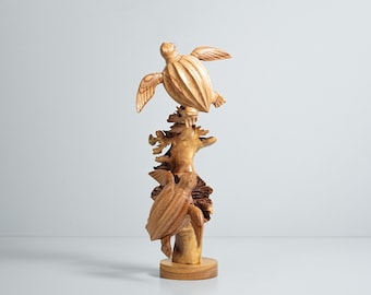 Couple Leatherback Sea Turtle Wood Sculpture, Jempinis Parasite Wood Art, Coastal Home Decor