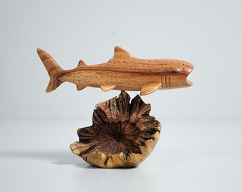 Handcrafted Whale Shark Wood Sculpture, Parasite Wood Base, Ocean Coastal Art
