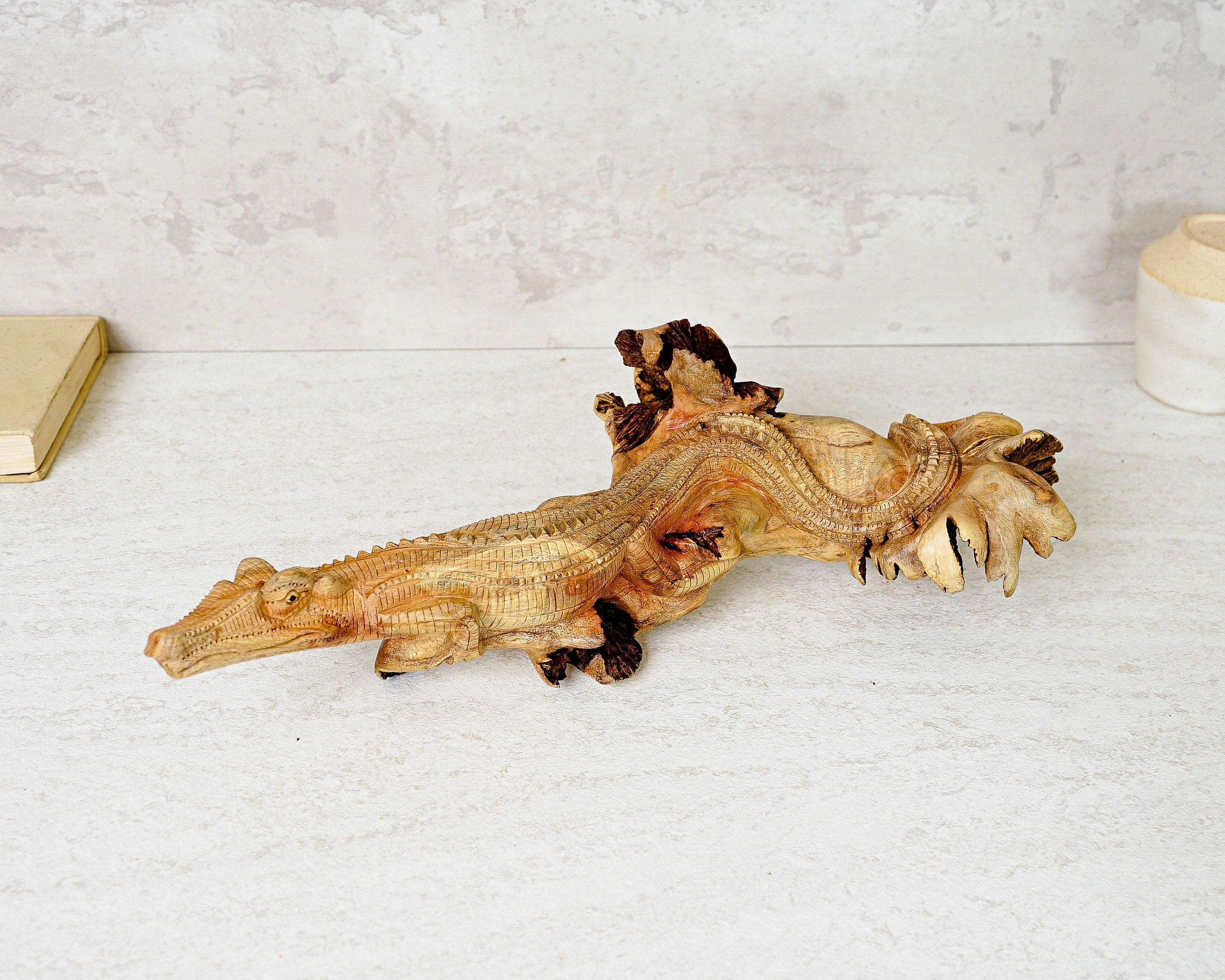 Wooden Crocodile Sculpture, 11" Unique Statue, Wood Carving, African Animal Figurine, Modern Decor, Gift for Her, Birthday Gift for Her