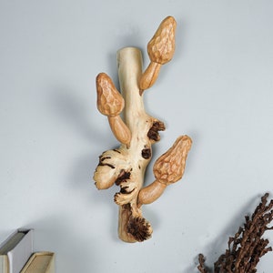 Morel Mushroom Wall Art, Hanging Statue, Figurine, Wood Carving, Sculpture, Wall Decor, Gift for Mother, Living Room Decor, Gift for Mom