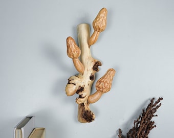 Morel Mushroom Wall Art, Hanging Statue, Figurine, Wood Carving, Sculpture, Wall Decor, Room Decor, Gift for Mother, Living Room Decor