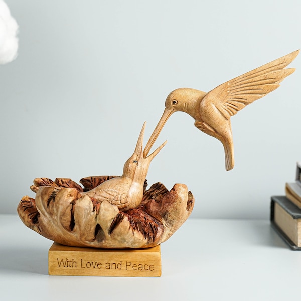 Mother Hummingbird with Baby Bird on Nest, Mommy and Baby, Newborn, Wooden Sculpture, Statue, Wood Carving, Family Decor, Mothers Day Gifts