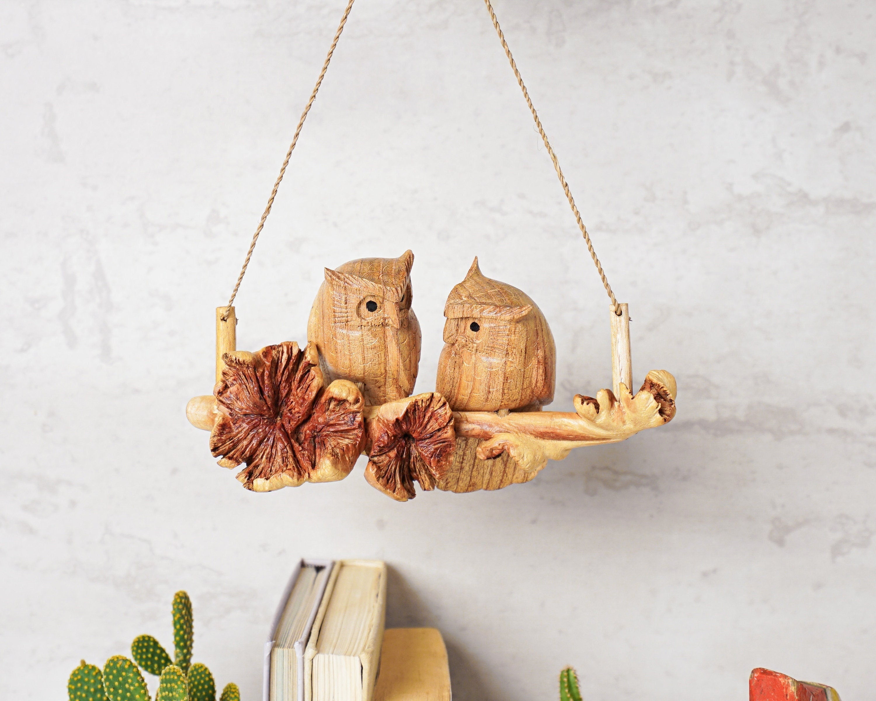Hanging Wooden Owl, Wood Carving, Couple Figurine, Handmade Decor, Bird Ornament, Nature, Gift for P