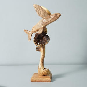 Wooden Fying Fish Sculpture, Flying Cod Statue, Art, Wood Carving, Ocean, Handmade, Unique Decor, Nautical, Gift for Wife, Gift for Dad
