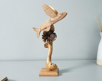 Wooden Flying Fish Sculpture, Flying Cod Statue, Art, Wood Carving, Ocean, Handmade, Unique Decor, Nautical, Gift for Wife, Gift for Mom