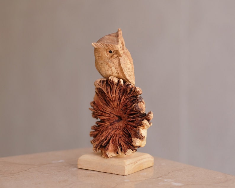 Owl on Tree Wooden Figurine, Sculpture, Decorative, Handmade Bird Statue, Wisdom, Office Decor, Unique Ornament, Tropical, Gift for Parent image 1