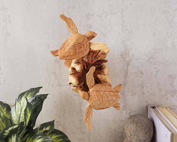 Wall Hanging Turtle Statue, Art, Wooden Sculpture, Nature, Couple