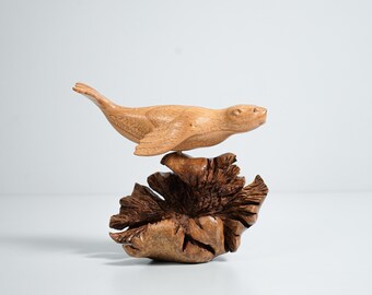 Handcrafted Sea Lion Wood Sculpture, Parasite Wood Base, Coastal Marine Life Decor