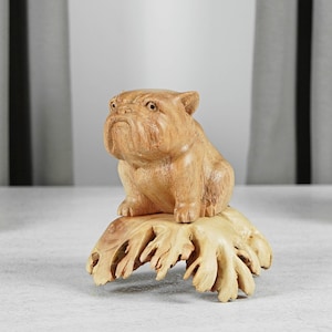 Sitting Bulldog Sculpture, Dog, Animal, Carving, Wooden Base, Unique Statue, Figurine, Room Decor, Antique, Nursery Decor, Husband Gift