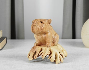 Sitting Bulldog Sculpture, Dog, Animal, Carving, Wooden Base, Unique Statue, Figurine, Room Decor, Antique, Nursery Decor, Husband Gift