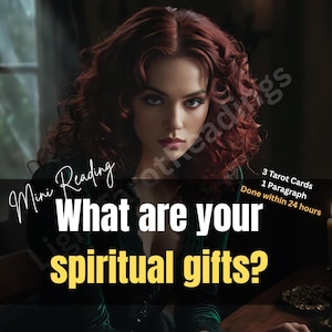 Puede incluir: Imagen de una mujer pelirroja con una parte superior verde oscuro. Superposición de texto: "Mini Reading" y "What are your spiritual gifts?" Texto adicional: "3 Tarot Cards, 1 Paragraph, Done within 24 hours."