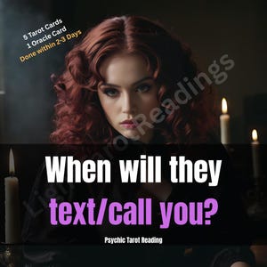 Puede incluir: Imagen que promociona una lectura de tarot psíquico. La imagen presenta a una mujer pelirroja y el texto "¿Cuándo te enviarán un mensaje/llamarán?" y "Lectura de tarot psíquico."