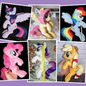 May include: Six plush toys of My Little Pony characters. The ponies are Twilight Sparkle, Pinkie Pie, Rainbow Dash, Rarity, Fluttershy, and Applejack. The ponies are all different colors and have different hairstyles.