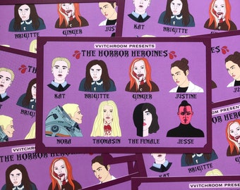 Horror Heroines Postcard | with Movie Characters from Ginger Snaps, The Witch, Raw, Underwater, Under the Skin, The Neon Demon, and more!