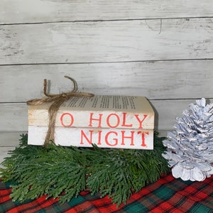 O Holy Night stamped stacked books, farmhouse books, Christmas stamped books, Christmas book stack, Christmas stacked books