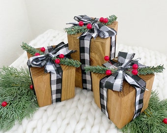 Christmas Wood Presents | Faux Christmas Gifts| Rustic Christmas Decor| Farmhouse Christmas Decor Christmas Mantle Decor