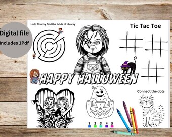 May include: A black and white Halloween activity sheet featuring a Chucky character illustration, a circular maze, tic tac toe grids, a connect the dots cat, and a pumpkin coloring section. The text reads Help Chucky find the bride of chucky, Tic Tac Toe, HAPPY HALLOWEEN, and Connect the dots.