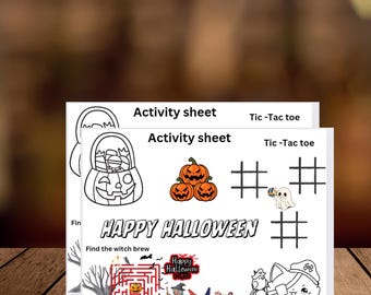 May include: Two printable Halloween activity sheets with black and white illustrations. The first sheet has a pumpkin, a tic-tac-toe board, and a maze. The second sheet has a ghost, a pumpkin, and a cat. The text on the sheets reads "Activity sheet", "Tic-Tac toe", and "HAPPY HALLOWEEN".