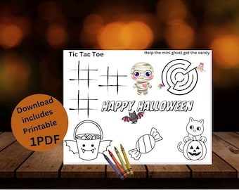 May include: A printable Halloween activity sheet with a tic-tac-toe game, a maze, and coloring pages featuring a mummy, a bat, a cat, a candy, and a pumpkin. The sheet includes the text "Tic Tac Toe", "Help the mini ghost get the candy", and "Happy Halloween".